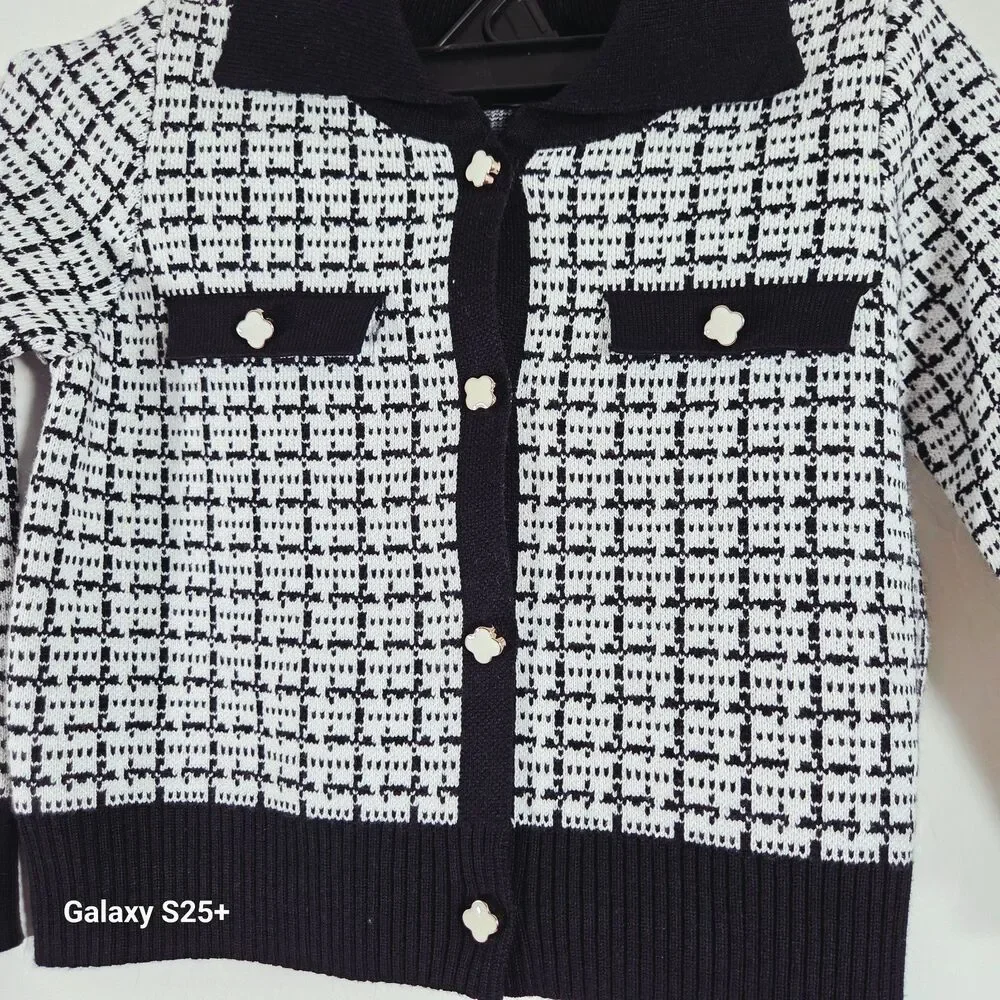 Toddler Girls Black White Tweed Knit Cardigan Sweater Size 3Y